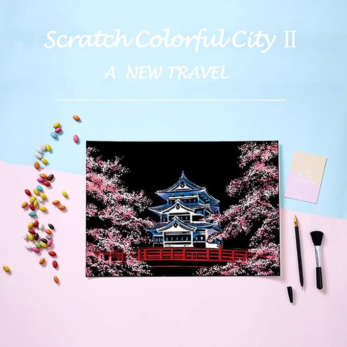 Scratch Art for Kids & Adult, Magic Rainbow Flower Engraving Painting Paper, Landscape Scratchboard(A4) Sketch Beautiful Crafts Set: 8 Sheets with 4 tools - Drawing Pens, Cleaning Brush(Girl / Sakura)