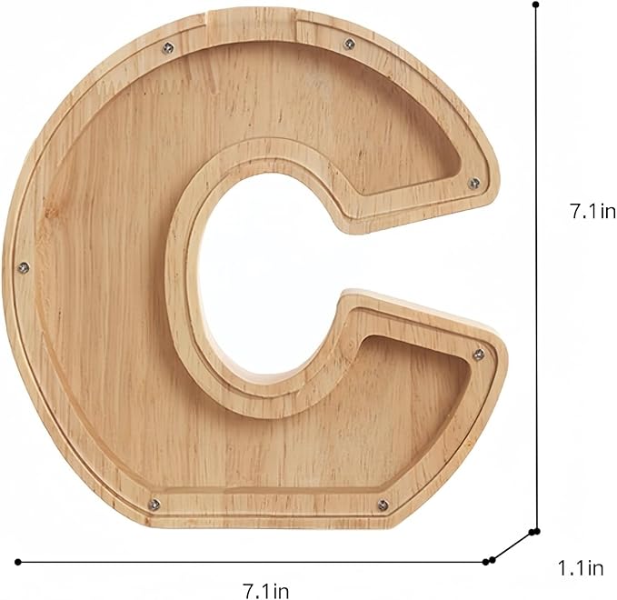Wooden Alphabet Piggy Bank Clear Acrylic Panel Coin Savings Box Personalized Money Bank for Kids Boys Girls Adults, Birthday Home Décor(C)