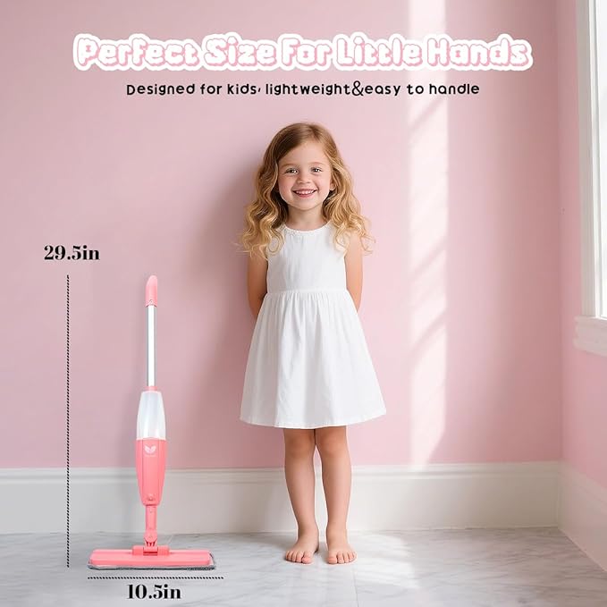 Kids Spray Mop, Pink Mini Mop Set with 2 Microfiber Washable Pads and 10 Disposable Dry Dusting Cloths, Dust Mop for Floor Cleaning, Small Mop for Toddlers Gift
