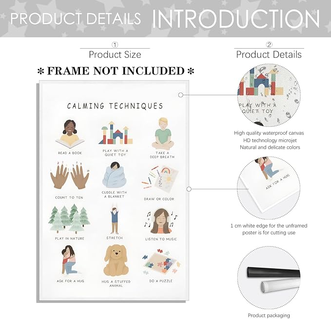 Feelings Calming Techniques Canvas Wall Art Calming Corner Classroom Mental health Posters Boho Emotions Chart for Kids Prints Special Education Wall Decor for Office School 20x30in Unframed