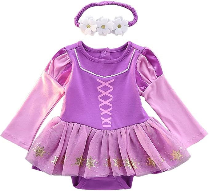 Dressy Daisy Princess Onesie Romper Fancy Dress Costume Halloween Birthday Bodysuit Outfit with Headband for Infant Baby Girl