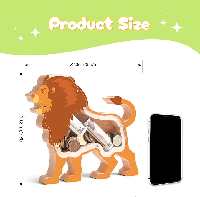 Wooden Lion Piggy Bank for Kids, Lion Piggy Bank with Acrylic Panels, Unbreakable Toddler Money Box for Boys Girls, Cute Kids Saving Coin Jar for Home Décor, Birthday