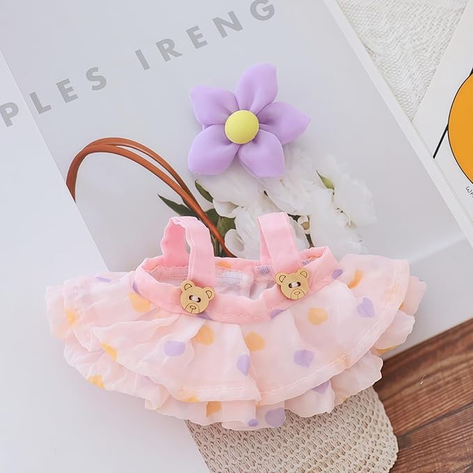 Clothes for Dolls Accessories (No Doll), Kawaii Skirt Outfit Set 2 Pieces for 15cm 17cm Doll Suit, Stylish Dress Up Flower Doll Clothing Set Replacement Pink