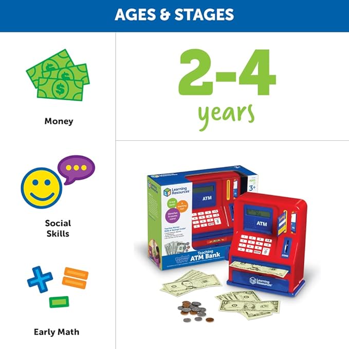 Learning Resources Teaching ATM Bank - 32 Pieces, Ages 3+ Toddler Learning Toys, Cash Register for Kids, Play Money for Kids