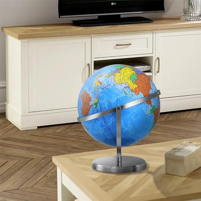 World Globe with Stainless Steel Stand 13 inch, 720 Rotating & HD Waterproof Material, Teaching/Geographic/Decorative Globes with Clear Text for Elementary, Classroom, Home, School, Office