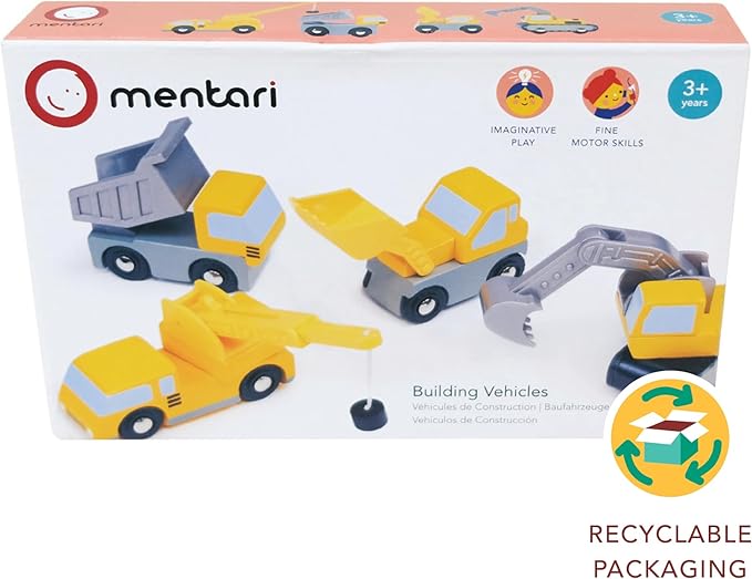Mentari Toys - Building Vehicles - 4pc Wooden Construction Vehicles with Interactive, Moving Parts - Toy Truck Set for Action-Packed Imaginative Play - Develop Motor Skills and Coordination - Age 3+