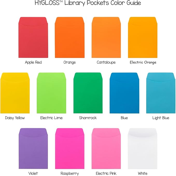 Hygloss 300 Library Card Pockets 3.5x5 Inch - Non-Adhesive Pocket Envelopes - 10 Assorted Colors - Classroom Envelope Pockets - Ideal for Organizing - Colorful Small Library Book Pocket