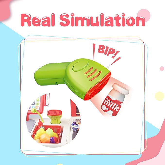 RedCrab Cash Register Toy for Kids,Toddler Store Pretend Plays Supermarket Calculator Cash Register Gift with Scanner, Play Money, Play Food for Boys & Girls