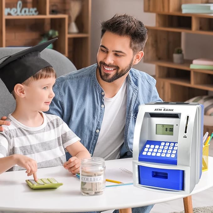 ATM Piggy Bank for Kids, Electronic Money Bank with Coin Counter, Goal Tracker, Password & Card, Auto Bill Intake with Voice Prompts – Compact Savings Gift for Boys & Girls Ages 6–12 (Blue)