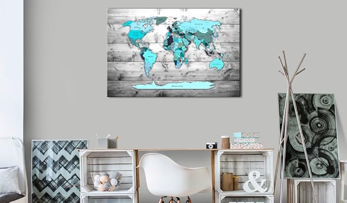 artgeist Pinboard World Map 35x24 in - Cork Board & Canvas Print Wall Art 1 pcs Memoboard with 50 Pins Noticeboard Message Board Image Picture Home Decor Travel Map k-B-0009-p-d