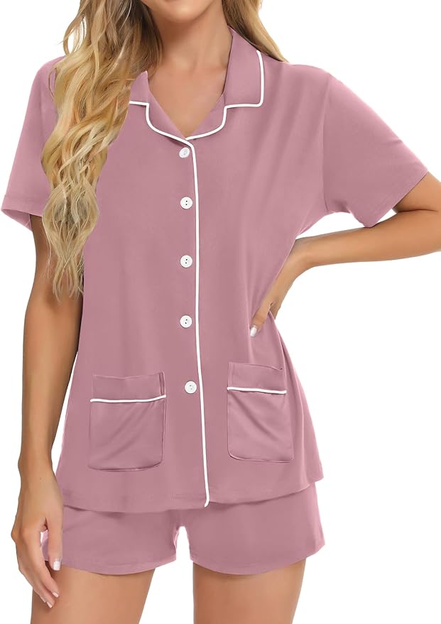 SWOMOG Womens Button Down Pajamas Set Short Sleeve Sleepwear Bride Soft Pj Lounge Sets XS-3XL