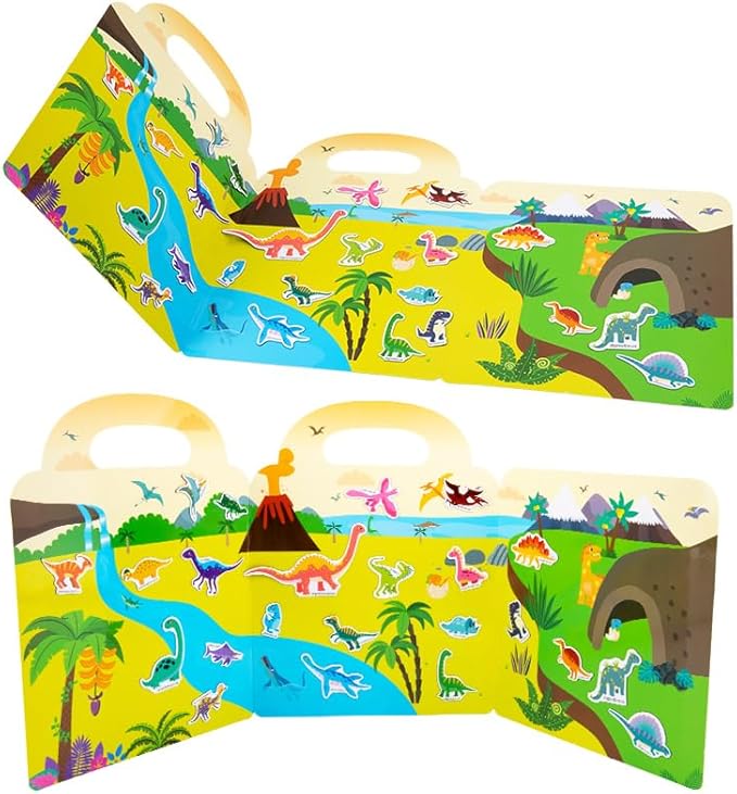 Magnetic Reusable Sticker Book for Toddler, Dinosaur Activity Magnet Book for 3 4 5 Years Boys Girls Road Trip Airplane Train Travel Essentials Toy for Kids Birthday Gifts Educational Learning Toys