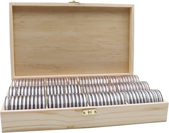 20-46 mm Wooden Coin Holder, 120 Pcs Highly Transparent Coin Capsules with Foam Gasket, Coins Collector Case Holder, Professional Coin Storage Case Box for Coin Collection (Wood Color)
