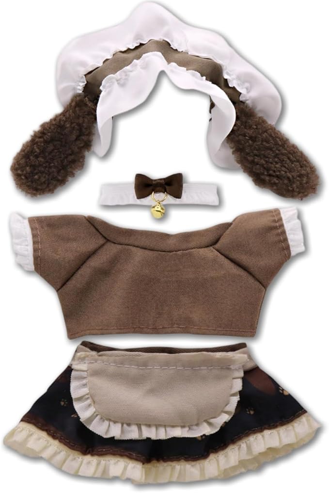 Doll Clothes for 17cm Figures, Cute Brown Maid Dress with Bunny Ear Hairband,Chocolate-Tone
