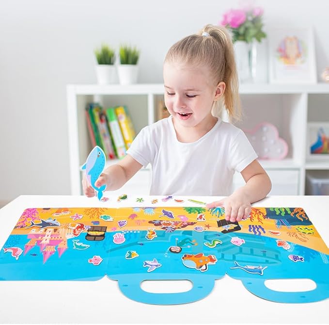 Magnetic Portable Playboard Ocean Animal Reusable Sticker Book for Toddler, Refrigerator Magnet Educational Learning Toys Travel Stickers Activity Books for Kids Girls Boys Age 3+ Birthday Gifts