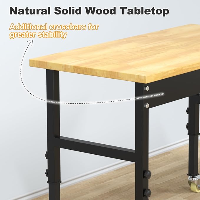 48''x24 Solid Wood & Heavy-Duty Work Bench Workbench, Adjustable Height Work Table, 2000 LBS Capacity Workstation Work Benches for Garage, Workshop, Repair Shop