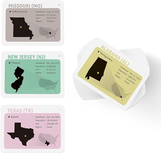 CARDDIA | U.S. State Flags Flashcards | 50 States with Names, Abbreviations, Capitals & Facts | Educational & Durable | Geography Learning Gift for Kids & Adults