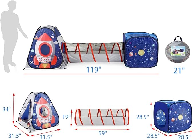UTEX 3pc Space Astronaut Pop Up Play Tents with Tunnels for Kids, Boys, Girls, Babies and Toddlers, Indoor/Outdoor Playhouse –Stem Inspired Design W/Solar System & Planet