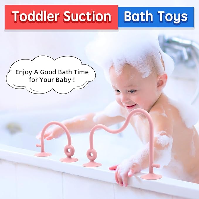 Baby Sensory High Chair Suction Toys for Infant Toddlers 6 12 18 24 Months, Food Grade Silicone String with Oak Loop Montessori Educational Baby Bath Toy Gifts (Dark Pink)