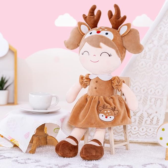 Gloveleya Plush Baby Doll Girl Gifts – 16 Inch Soft Elk Deer Doll with Gift Box, Brown Toddler Girl Birthday Present, Keepsake First Plush Toy for Nursery, Christmas