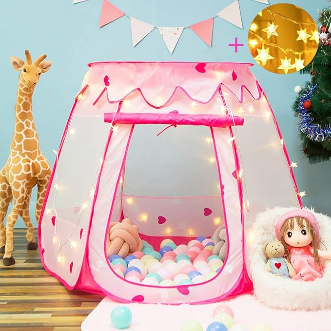 Pop Up Princess Tent with Star Light, Toys for Year Old Girl Birthday Gift, Ball Pit for Months Baby Girl Toys, Toddler Gift, Easy to Pop Up and Assemble(Pink)
