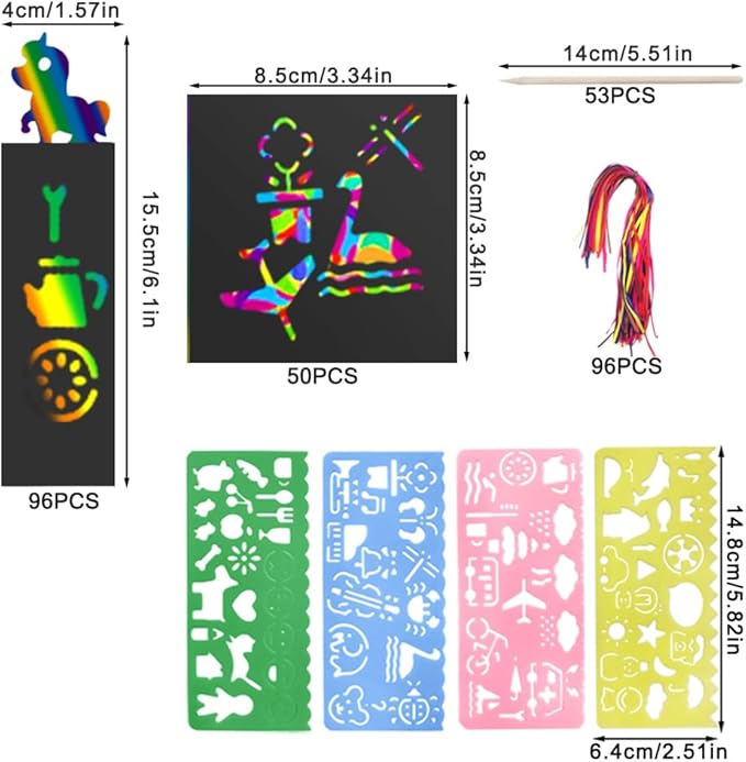 lyfLux 146 PCS Scratch Paper Art with Stencils, Rainbow Magic Scratch Paper Art Kit for Birthday Party, DIY Crafts