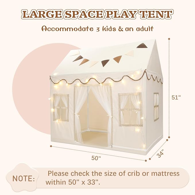 Kids Play Tent, Toddlers Large Playhouse with Star String, Flag, Machine Washable, Indoor and Outdoor Play Tent for Kids, Girls & Boy Aged 3+, 50" x 34" x 51", Cream