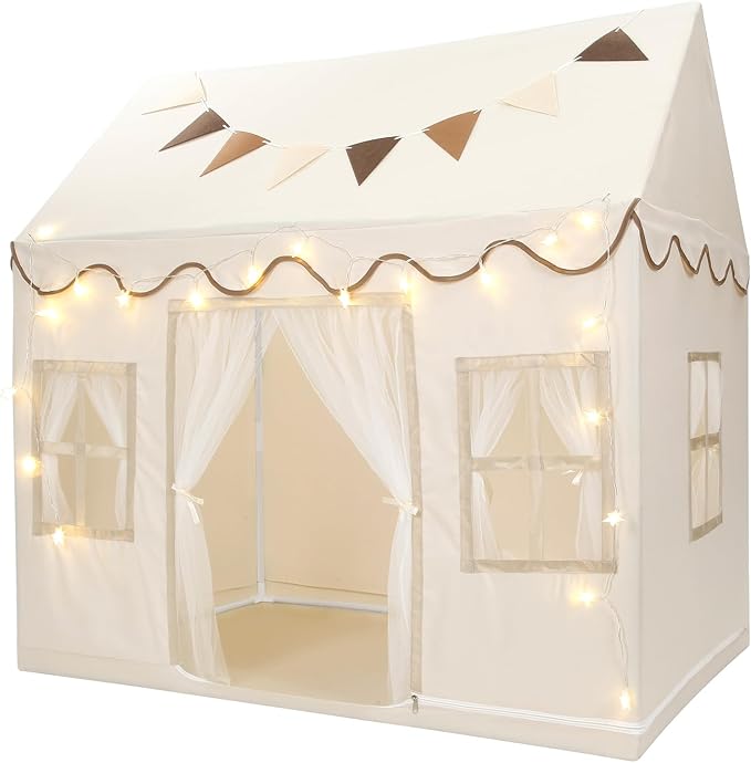 Kids Play Tent, Toddlers Large Playhouse with Star String, Flag, Machine Washable, Indoor and Outdoor Play Tent for Kids, Girls & Boy Aged 3+, 50" x 34" x 51", Cream