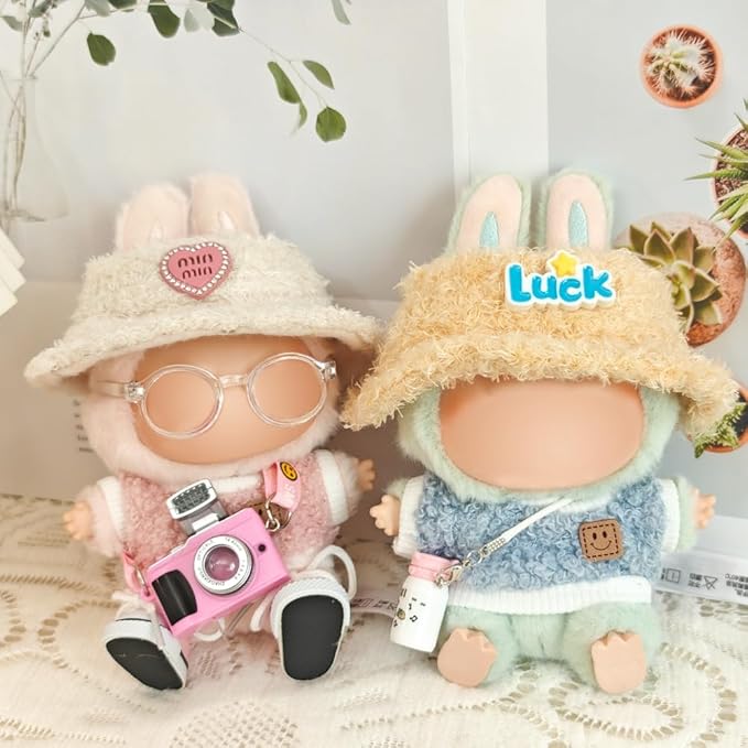 5 Set 17cm Doll Clothes, 17cm Doll Clothing Set, Light Pink Heart-Shaped Velvet hat + Small Water Cup + Glasses + Canvas Shoes(No Doll Included)