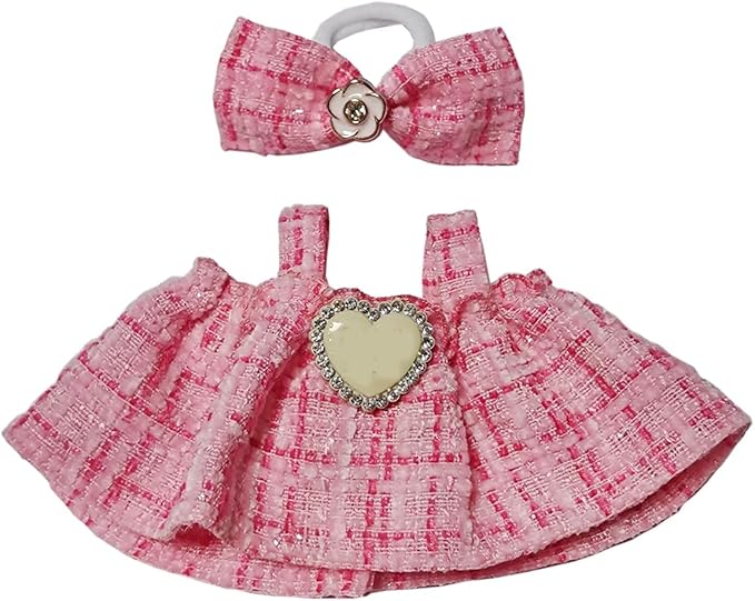 17cm Doll Clothes - Luxury Chic Style Pink Dress Set for 5.91-6.7“ (15-17cm) Dolls, Cute Premium Fashion Doll Outfit with Accessories - Pink Plaid Tweed Dress +Plaid Bow