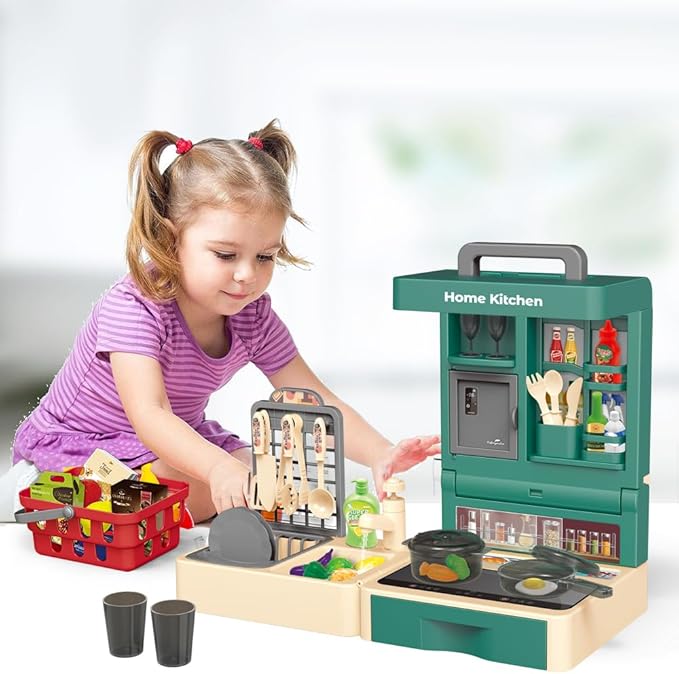 Pretend Play Kitchen Toy Set Folding Role Play Toy with 45pcs Realistic Food Fruits Vegetables Pans Cooking Utensils Basket Sink etc Portable Educational Indoor Outdoor Toys for Kids Ages 3