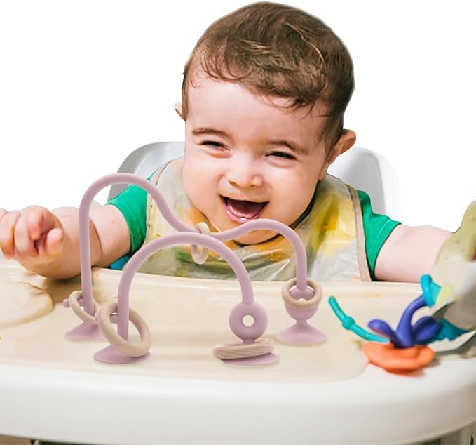 High Chair Toys with Suction Cups for Infant Toddlers,Food Grade Silicone Teething Toy for Kids 6 9 12 18 M+,Interactive Toys for 1 Year Old，Perfect for Travel and Restaurant（Pink）