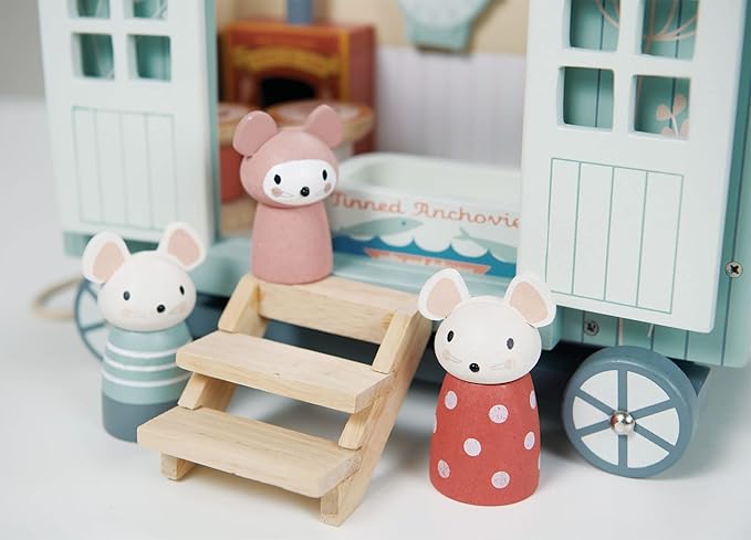 Tender Leaf Toys - Secret Meadow Shepherd’s Hut - Portable Furnished Wooden Shepherd’s Hut on Wheels with 11 Pcs Accessories and 3 Mice Dolls - Open-Ended Play and Story Tellings - Age 3+
