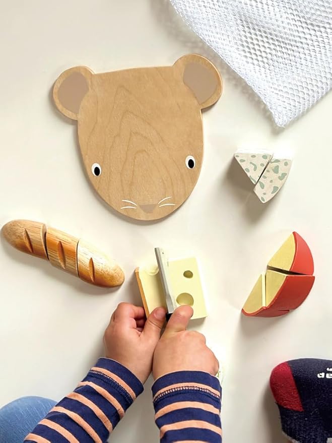 Tender Leaf Toys - Cheese Chopping Board - Wooden Play Food Set with 4 Choppable Cheeses, Baguette, Wood Knife and Illustrated Board - Improves Fine Motor Skills - Develops Social Skills - Age 2+