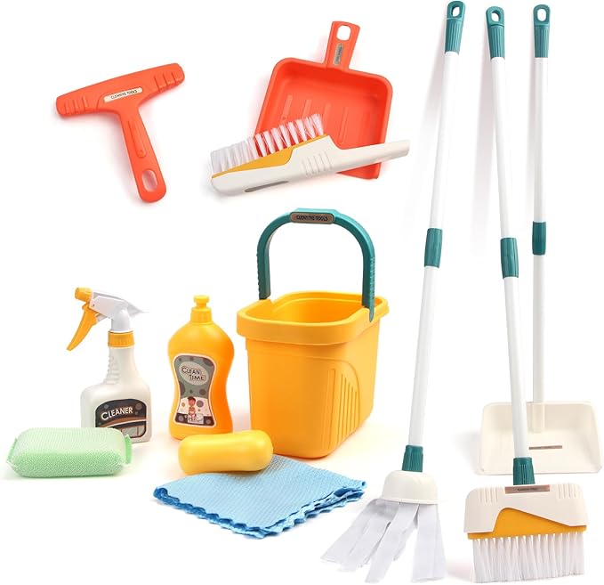 Joyfia Kids Cleaning Set 12 Piece, Toy Cleaning Set Includes Broom, Dustpan, Mop, Brush, Spray, Scraper, Bucket, Sponge and More, Pretend Play Housekeeping Kit for Toddlers Aged 3+