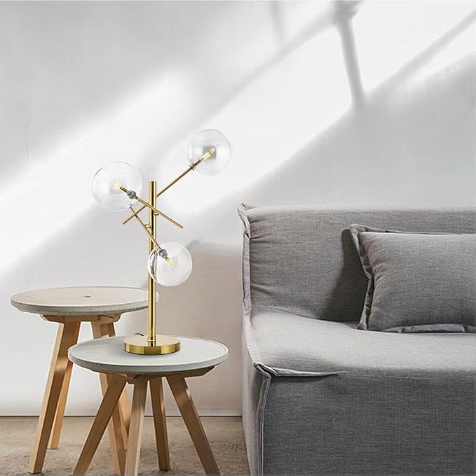 KCO Lighting Modern Gold Table Lamp 3-Light Glass Globe Night Lamp Mid Century Antique Brass Indoor Bubble Shade Standing Lighting Metal Desk Light for Bedroom Study Room Hotel