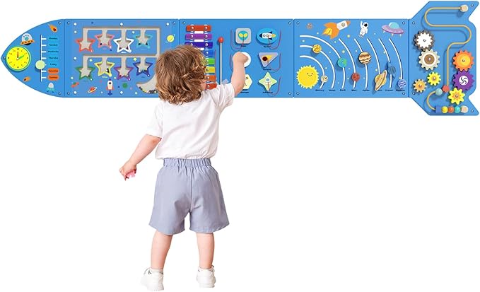 Rocket Activity Wall Busy Board Panels - Sensory Wall Panel for Kids, Montessori Toddler Wall Activity Board, Wall Toys for Toddlers 3, Activity Cube, Wooden Boards, Blue