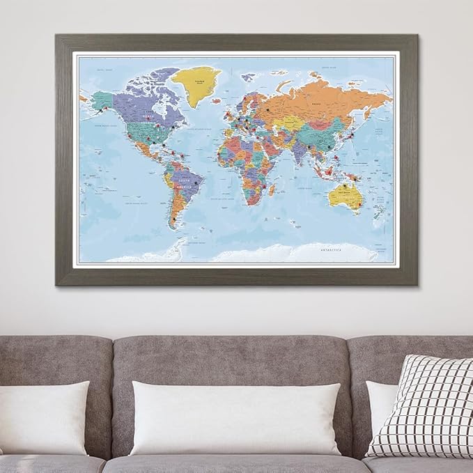 Push Pin Travel Maps Canvas - Personalized Blue Oceans World with Barnwood Gray Frame