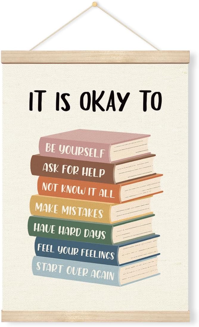 Geondos Mental Health Canvas Banner - It is Okay to Be Yourself, Educational Wall Art, Canvas Poster Hanger for Wall, Bedroom Playroom Decor, Classroom Decor, Therapy Banner Gift 11.8x15.7 Inches