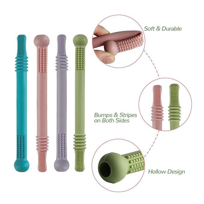 Fu Store Hollow Teether Tube Chew Straw Sensory Toy for Infant Toddlers Silicone Tubes Teething Toys for Babies 18-36 Months Gifts Learning Developmental Toys BPA Free Freezable 6 Pack