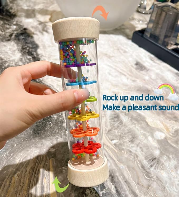 Wooden Rain Stick Montessori Toys for Babies 6-12 Months, Rain Sticks for Kids, Baby Rattle Sensory Developmental Musical Toy with Calming Rain Sounds, Toddler Educational Gift for 1 Year Old - 7.7"