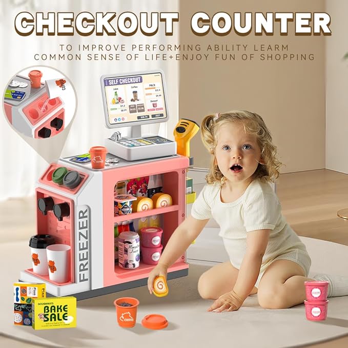 Cash Register Playset for Kids - 48PCS with Toy Coffee Machine,Pretend Play Money, Calculator, Scanner, Credit Card and Play Food for Boys and Girls！