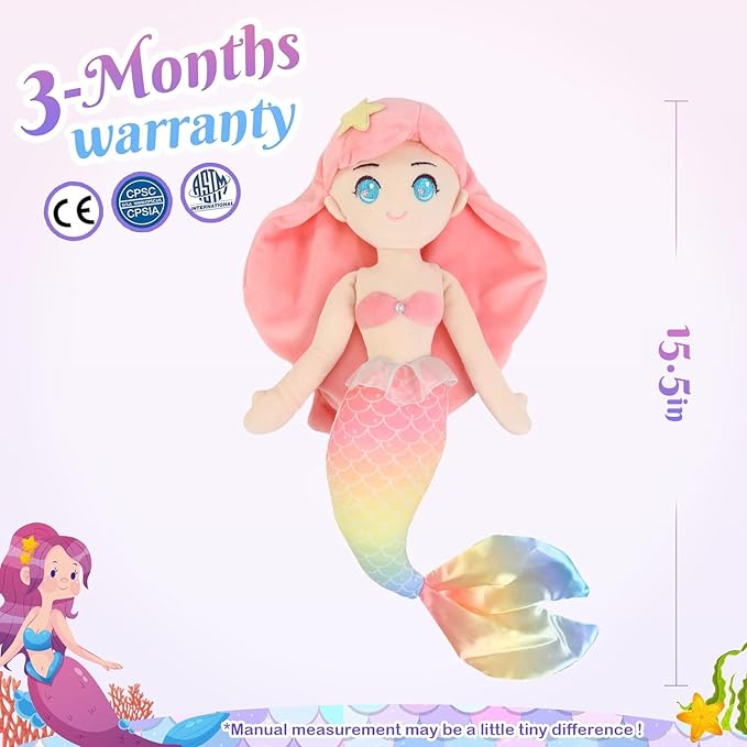 Athoinsu Mermaid Princess Stuffed Animal Cuddly Soft Hugging Plush Toy Doll Birthday Children's Day Christmas for Toddlers Girls, Pink, 15.5''