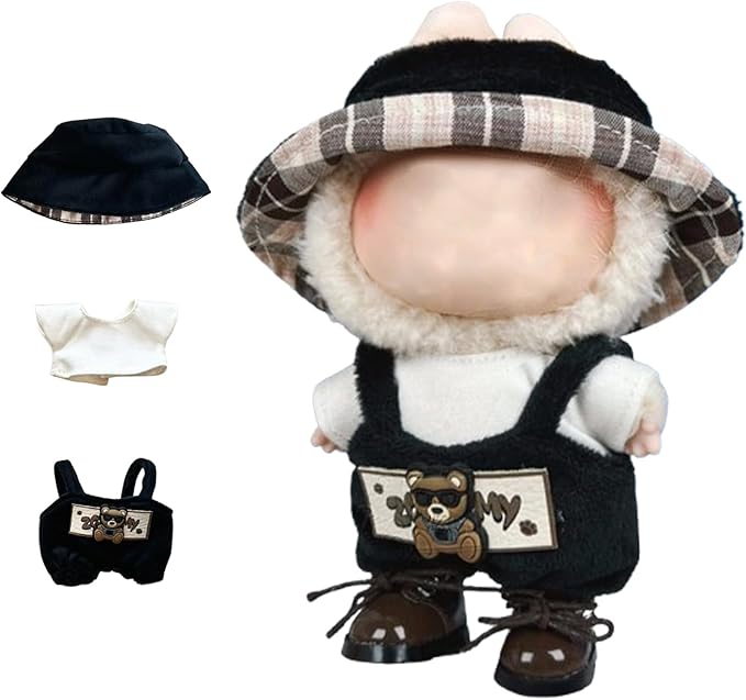 17cm Clothes Set, Cute Hat Unique Pocket Design Overalls Dress up Set(NO Doll), Handmade Clothing Designed for 17cm Doll (Black Set)
