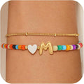 Colorful Initial Bracelets for Women Girls - 14K Gold Plated Heart Initial Letter Daint A-Z Charm Bracelet Summer Jewelry Teen Girl Gifts for Teen Kids
