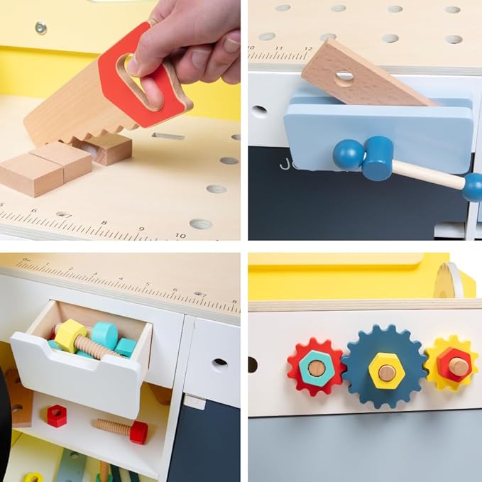 Construction Truck Wooden Playset w 60+ Toy Pieces- Pretend Hammer Saw Bolts, Screws- Spinning Turn Saw, Steering Wheel, Wood to Pull Apart- Dual Sided Stand Center, Workbench Building Kids Xmas Gift