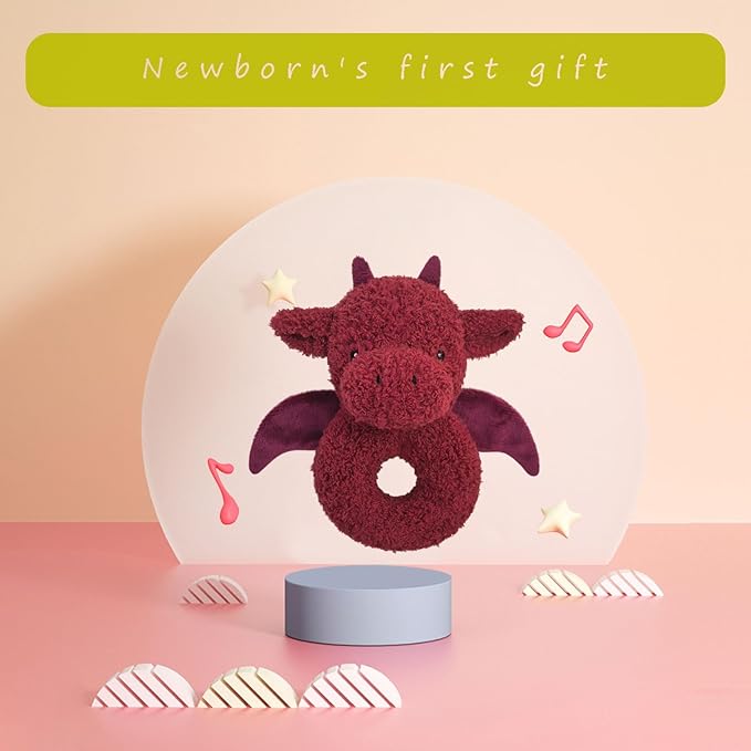 Baby Dragon Soft Rattle Toy, Plush Dinosaur Infant Shaker Rattle Easy-Grasp Stuffed Animal Toy, Gifts for Newborns Babies Toddlers Boys Girls, Wine Red, 6 Inches