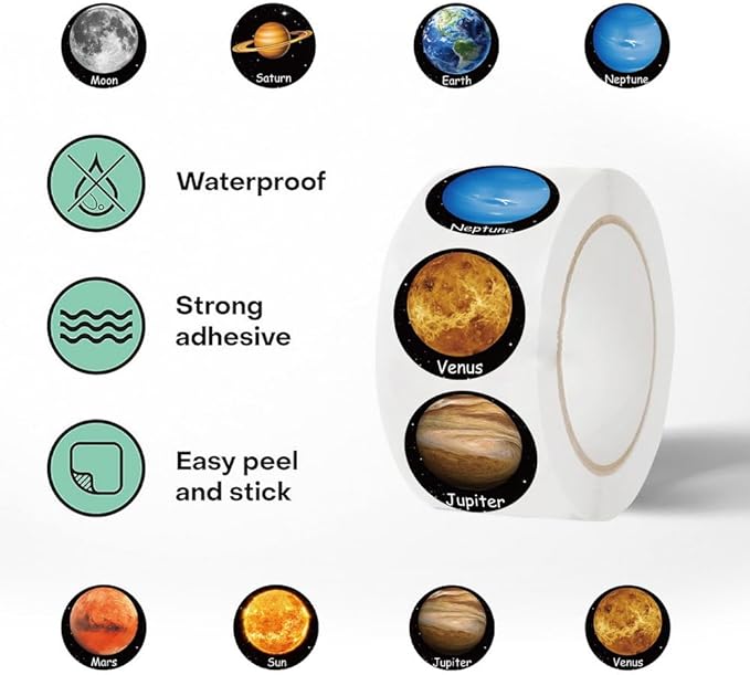 500pcs Cartoon Planet Stickers, 1 Inch Self-Adhesive Cartoon Planet Decals Cool Stickers Planet Stickers Roll for Envelope Books Laptops Bottles Crafts Supplies