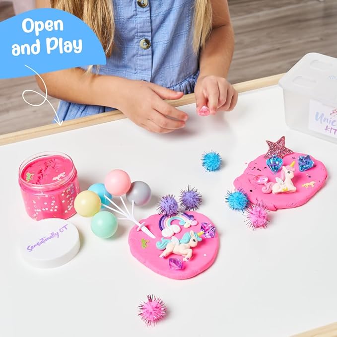 Senationally OT - 2025 Edition - Mini Unicorn Sensory Dough Kit -1 Jar Magic Dough, Sensory Bin for Toddlers & Scooper-Count Sparkly Pom-Poms, Bring Unicorns to Life in a Magical Fairytale