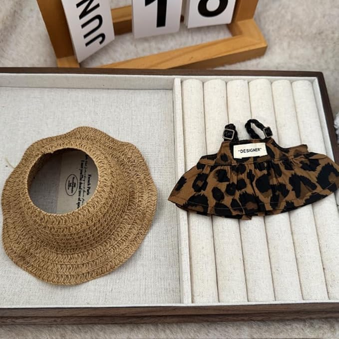 5Pcs Set-17cm Doll Rabbit Bunny Clothes, Fashionable Elegant Brown Leopard Dress+Sunglasses+Shoes+Icecream Hairpins+Straw Hat, Summer Beach Outfit for Dress up, Doll Costume Cosplay Fashion Dresses